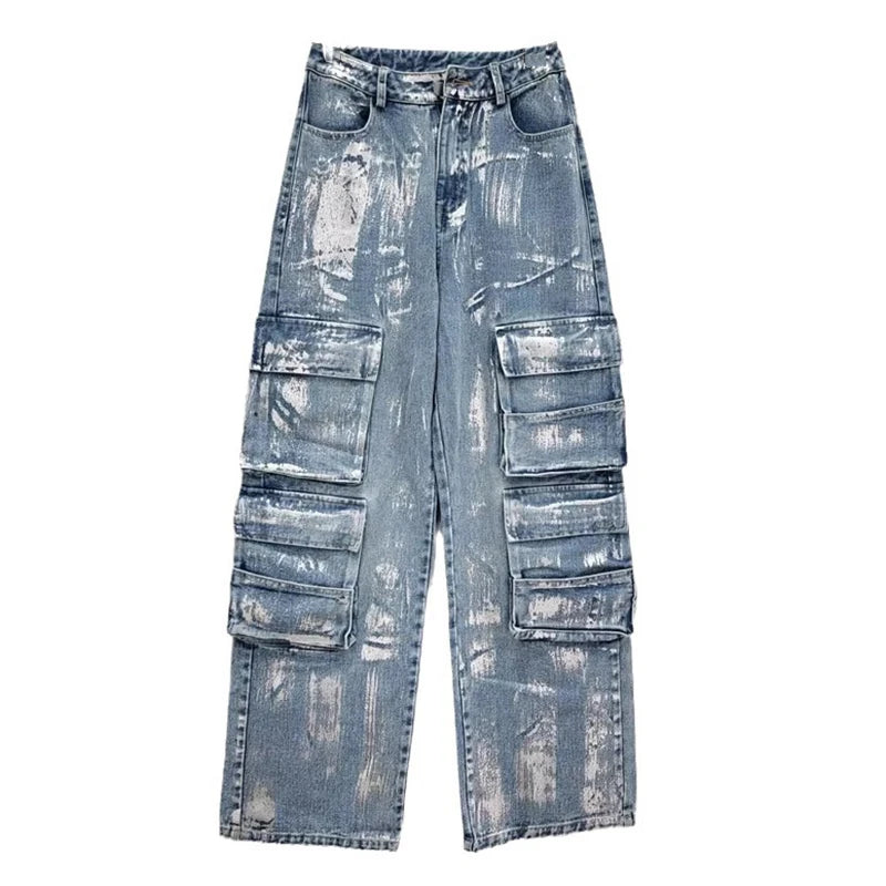 Pre Order:  High Waist Straight Wide Leg Multiple Pockets Denim Pants