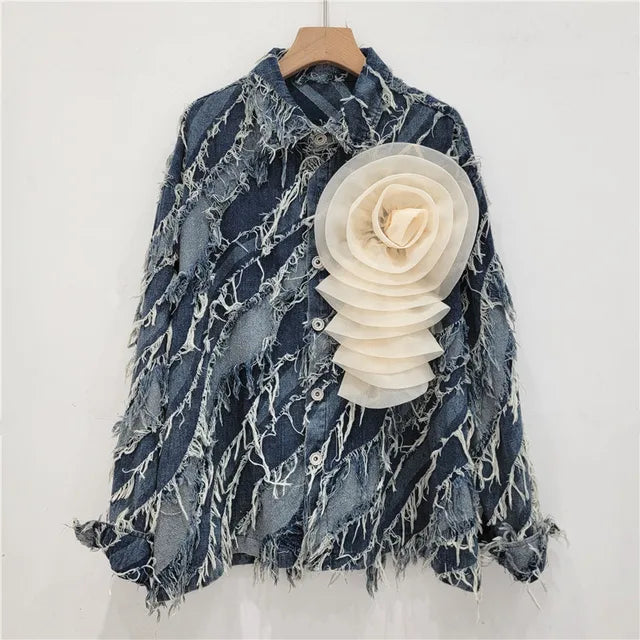 Pre Order:  Loose Fringed 3D Flower Denim Jacket