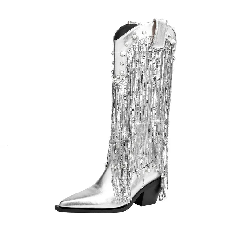 Sequins Faux Pearls Tassel Boots