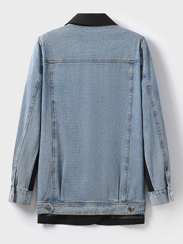 Pre Order:  Denim Spliced Notched Collar Jacket