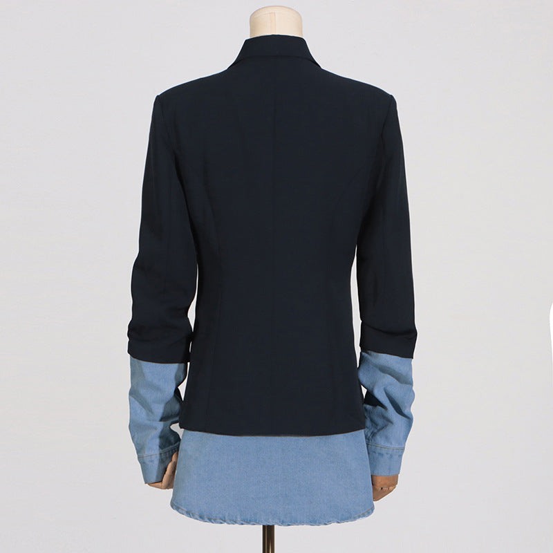 Spliced Denim Long Sleeved Black Blazer