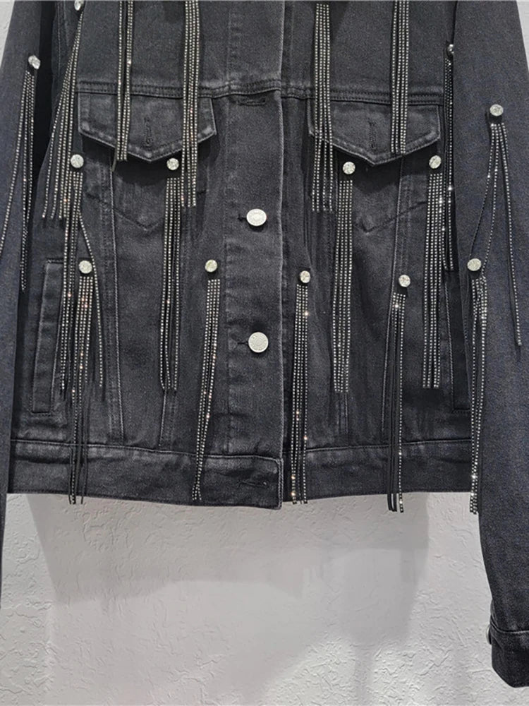 Pre Order:  Diamond Tassel Long Sleeve Black Denim Jacket