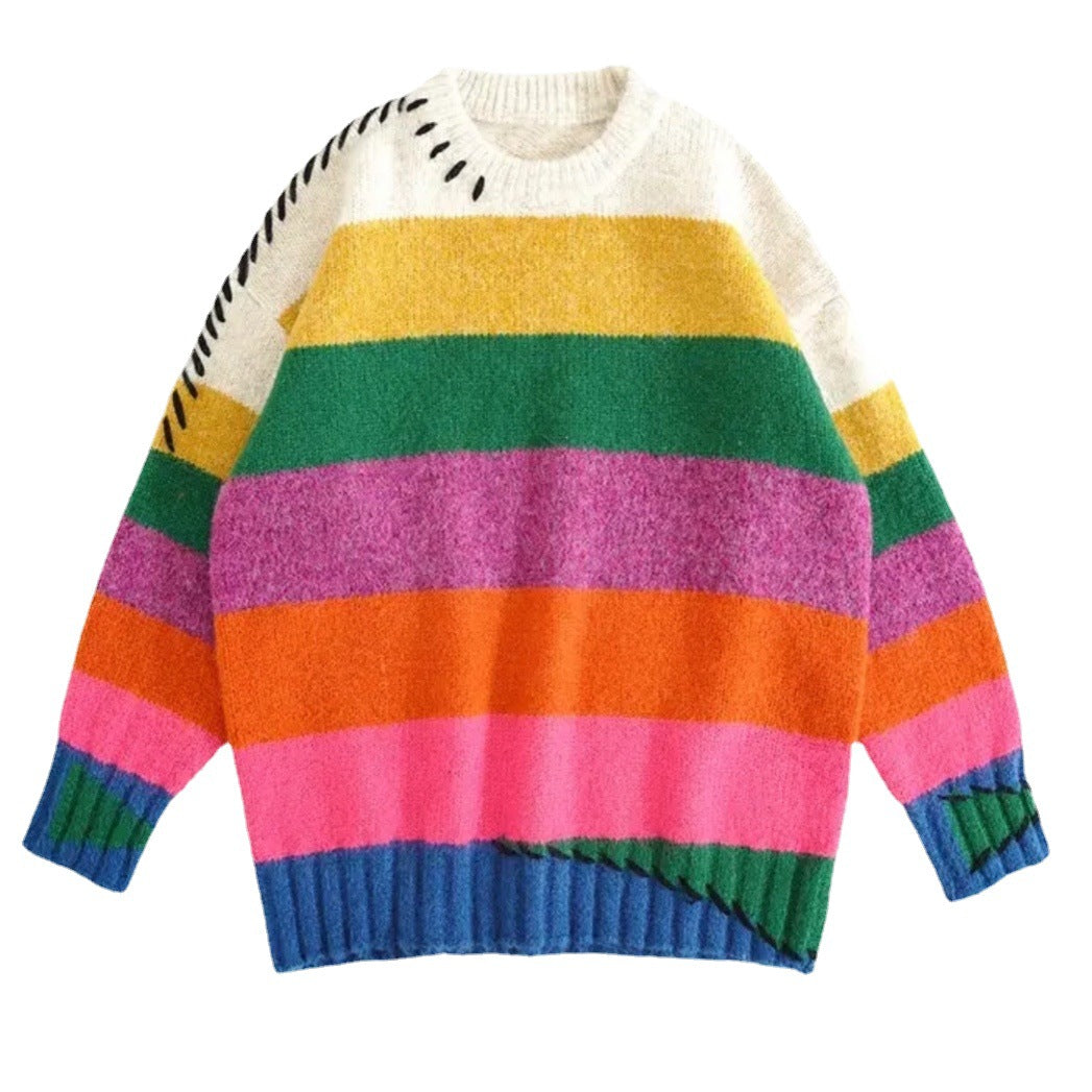 Pre Order:  Retro Rainbow Striped Loose Knitted Sweater