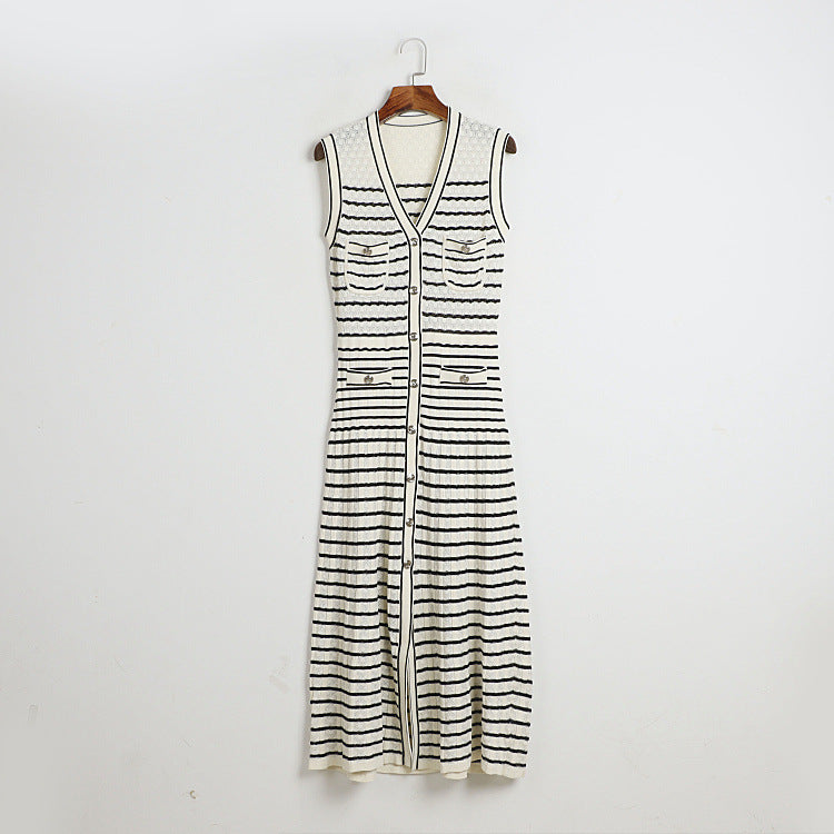 Pre Order:  Classic Striped Sleeveless V-Neck Knitted Dress