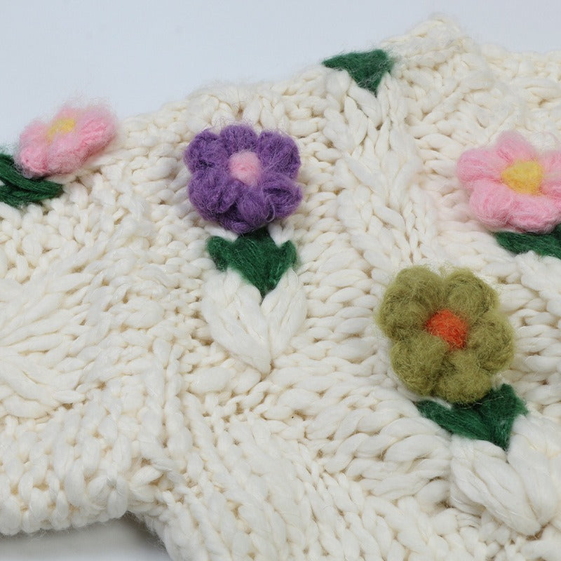 Flower Handmade Loose White Knitted Cardigan