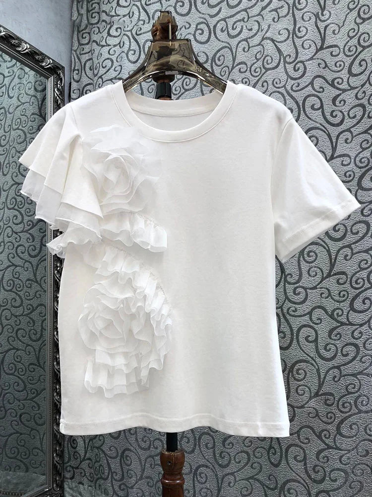 Pre Order:  3D Flower Ruffled Edge Cotton T-shirt