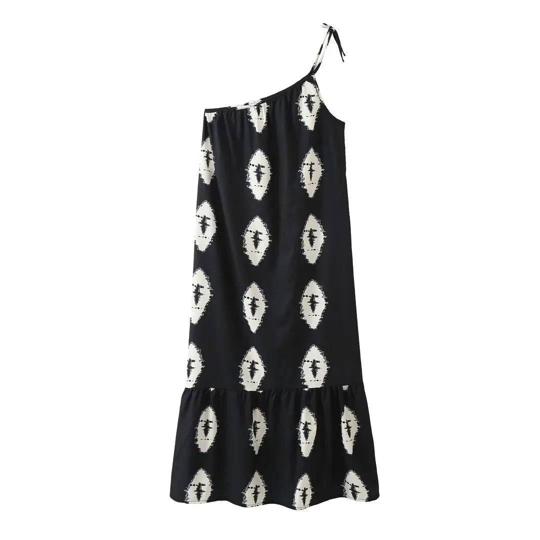 Pre Order:  Asymmetric Neckline Printed Midi Dress