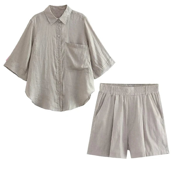 Pre Order:  Cotton Linen Shirt+Shorts Set