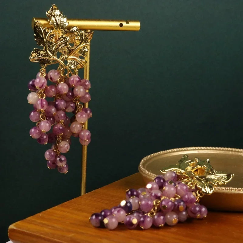 Pre Order:  Medieval Long Tassel Purple Resin Grapes Earrings