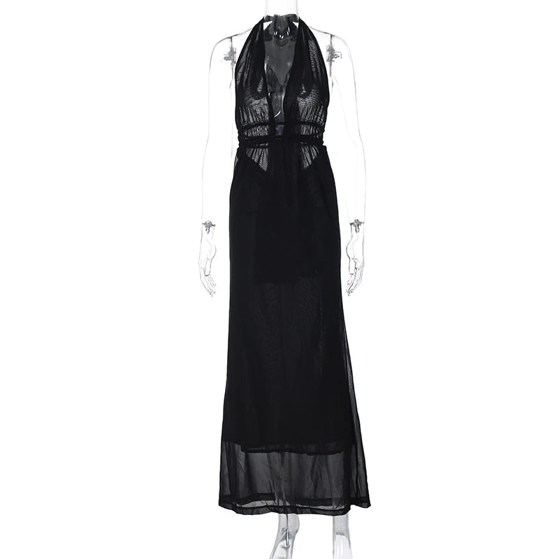 Pre Order:  Patchwork V-Neck Backless Lace Up Maxi Dress