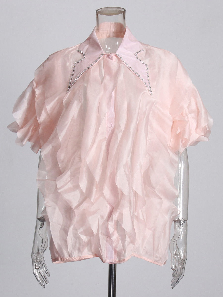 Pre Order:  Layered Ruffle Diamond Lapel Short Sleeve Shirt