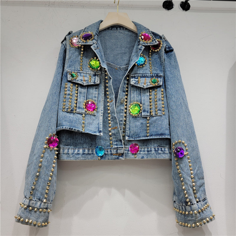 Rhinestone Nail Bead Short Denim Jacket