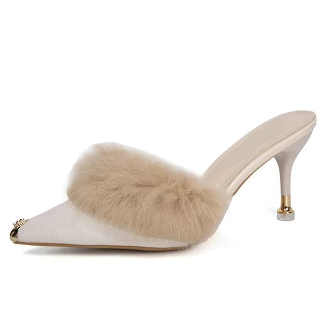 Pre Order:  Metal Tip Faux Fur Mules