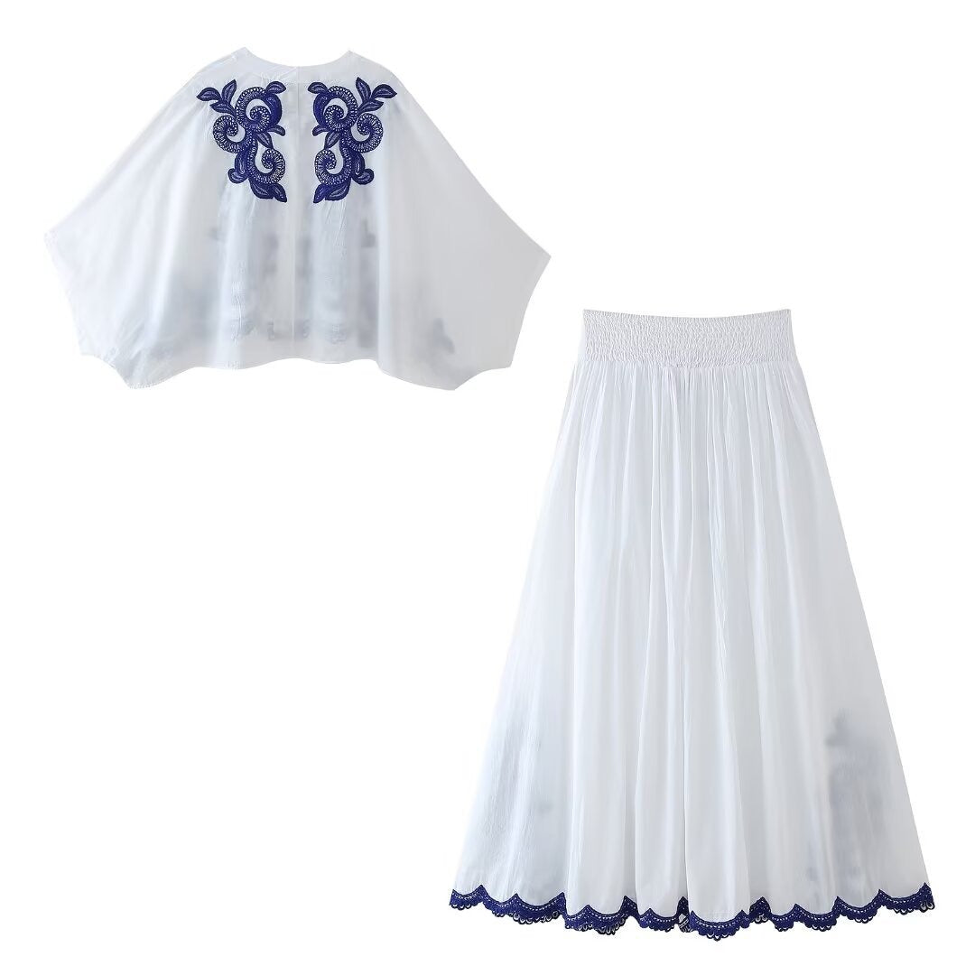 Pre Order: Contrasting Embroidered Shirt + Skirt Set