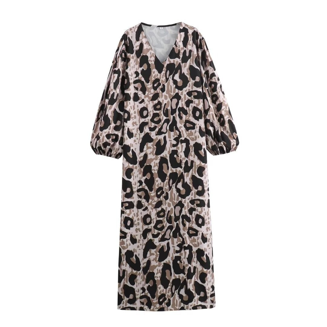 Pre Order:  Animal Print Loose V-Neck Long Sleeved Dress