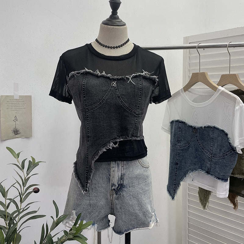 Pre Order:  Denim Patchwork Mesh Short Sleeved Irregular T-Shirt