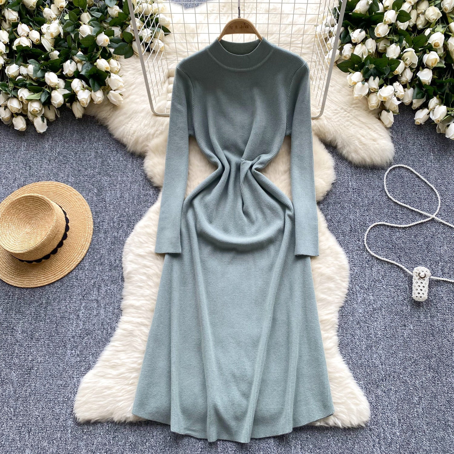 Pre Order: Woolen Waist Cinching Long Sleeved Knitted Dress