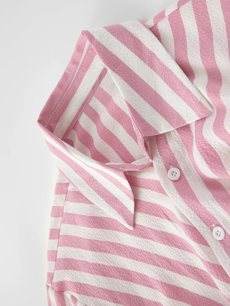 Pre Order:  Casual Pink Striped Bow Blouse