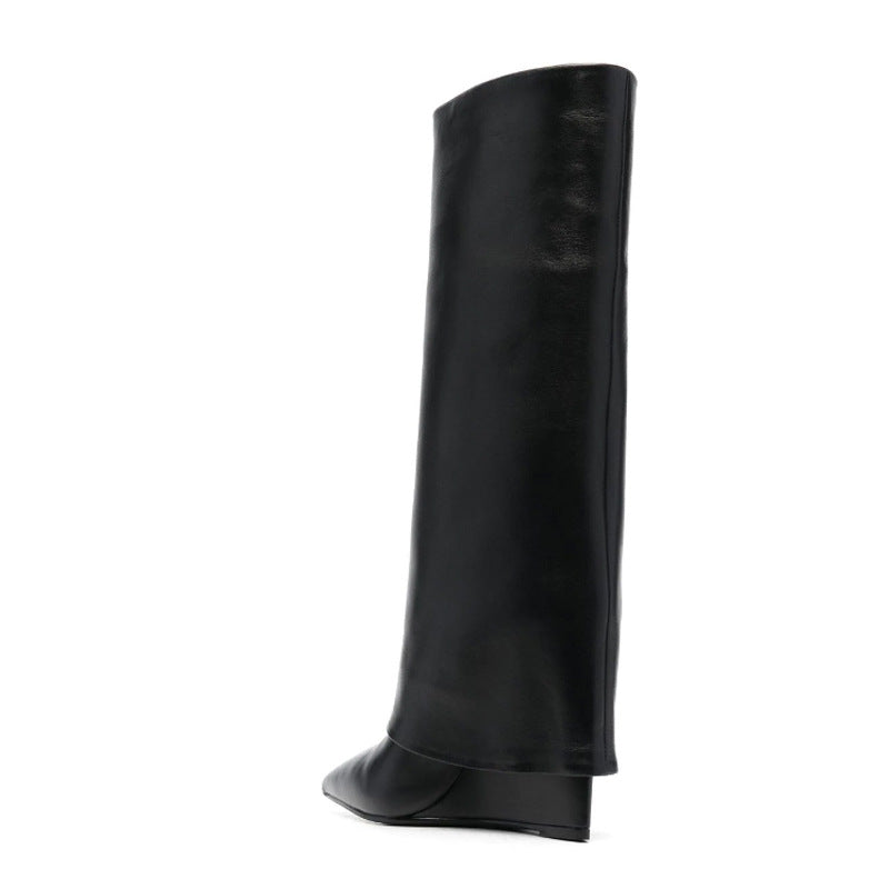 Pre Order:  Black Pointed Toe High Wedge Heel Knee High Boots