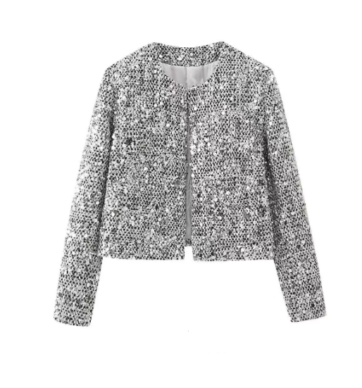 Elegant Silver Cropped Sequin Blazer