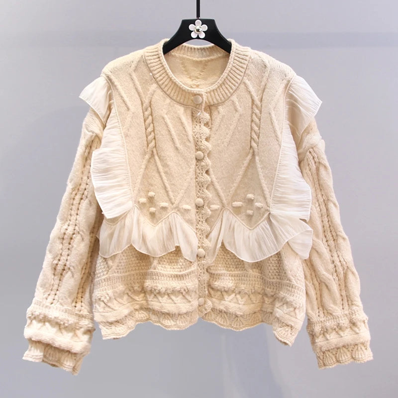 Pre Order:  Ruffled Lace Long Sleeve Loose Knitted Cardigan