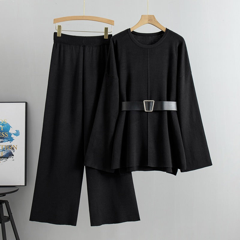 Pre Order: Knitted Loose Belted Sweater + Wide Leg Pants Set