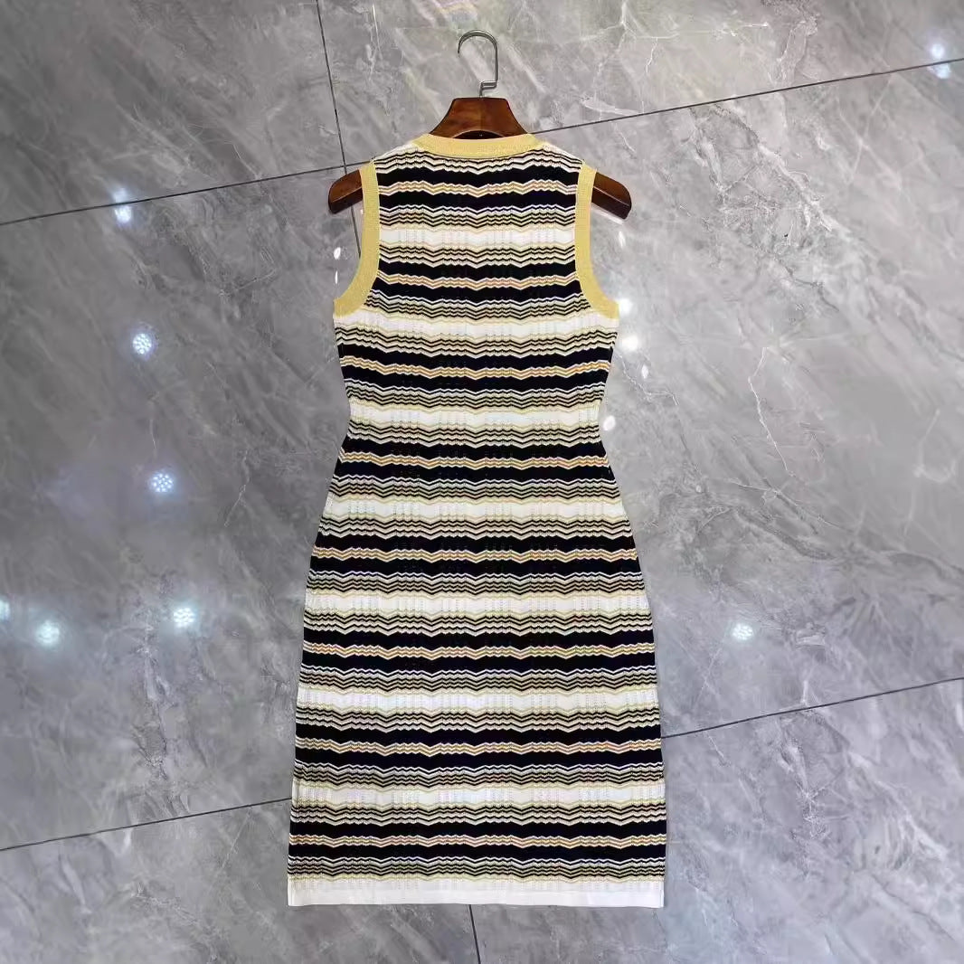 Pre Order:  Sleeveless Striped Waist Cinching Jacquard Knitted Dress