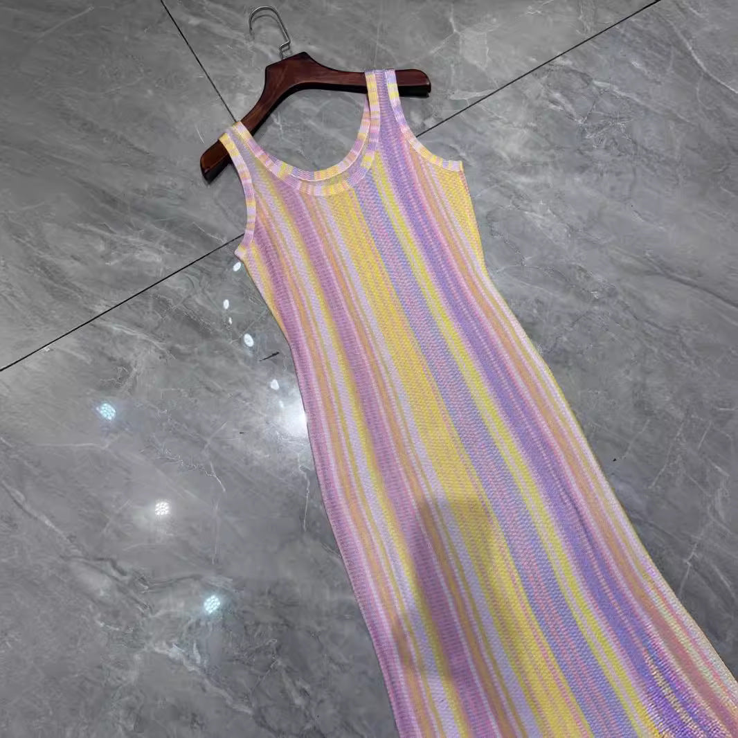 Pre Order: Colorful Striped Sleeveless Elastic Knitted Midi Dress