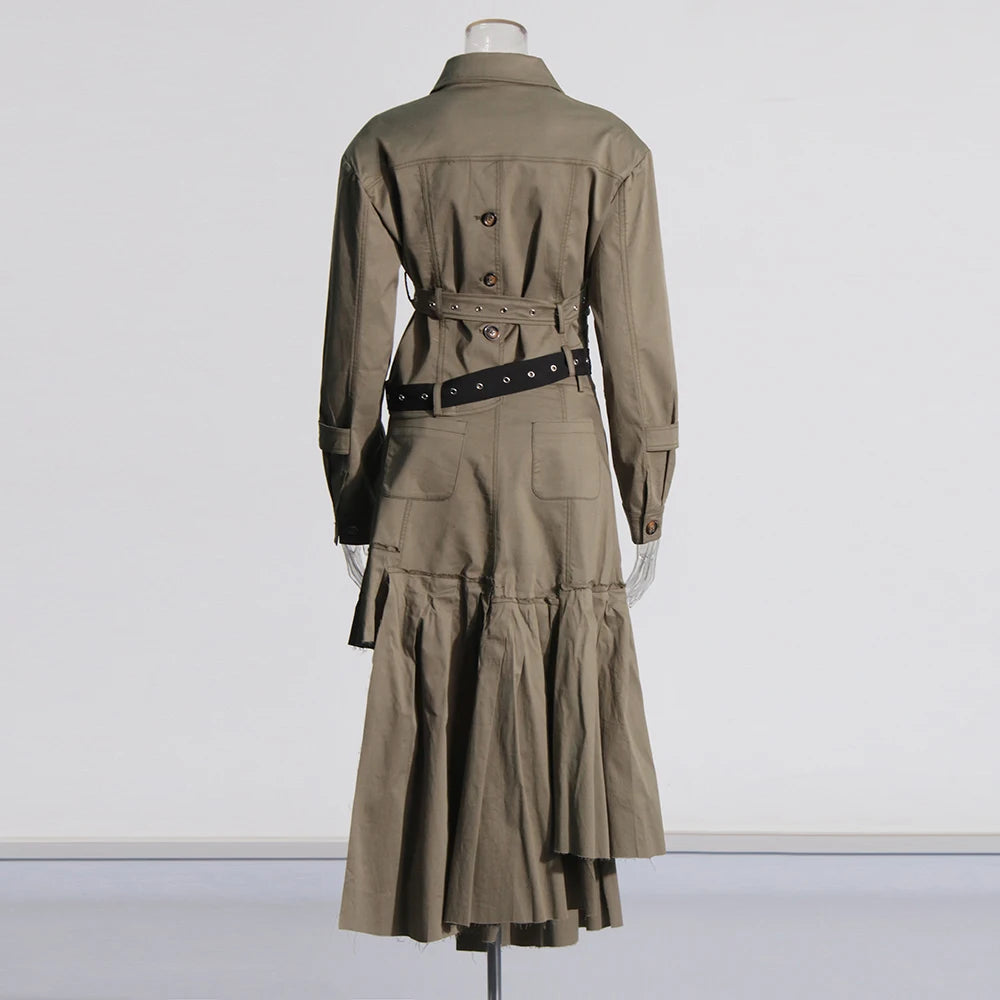 Pre Order:  Asymmetrical Double Belt Trench Top + Pleated Skirt Set