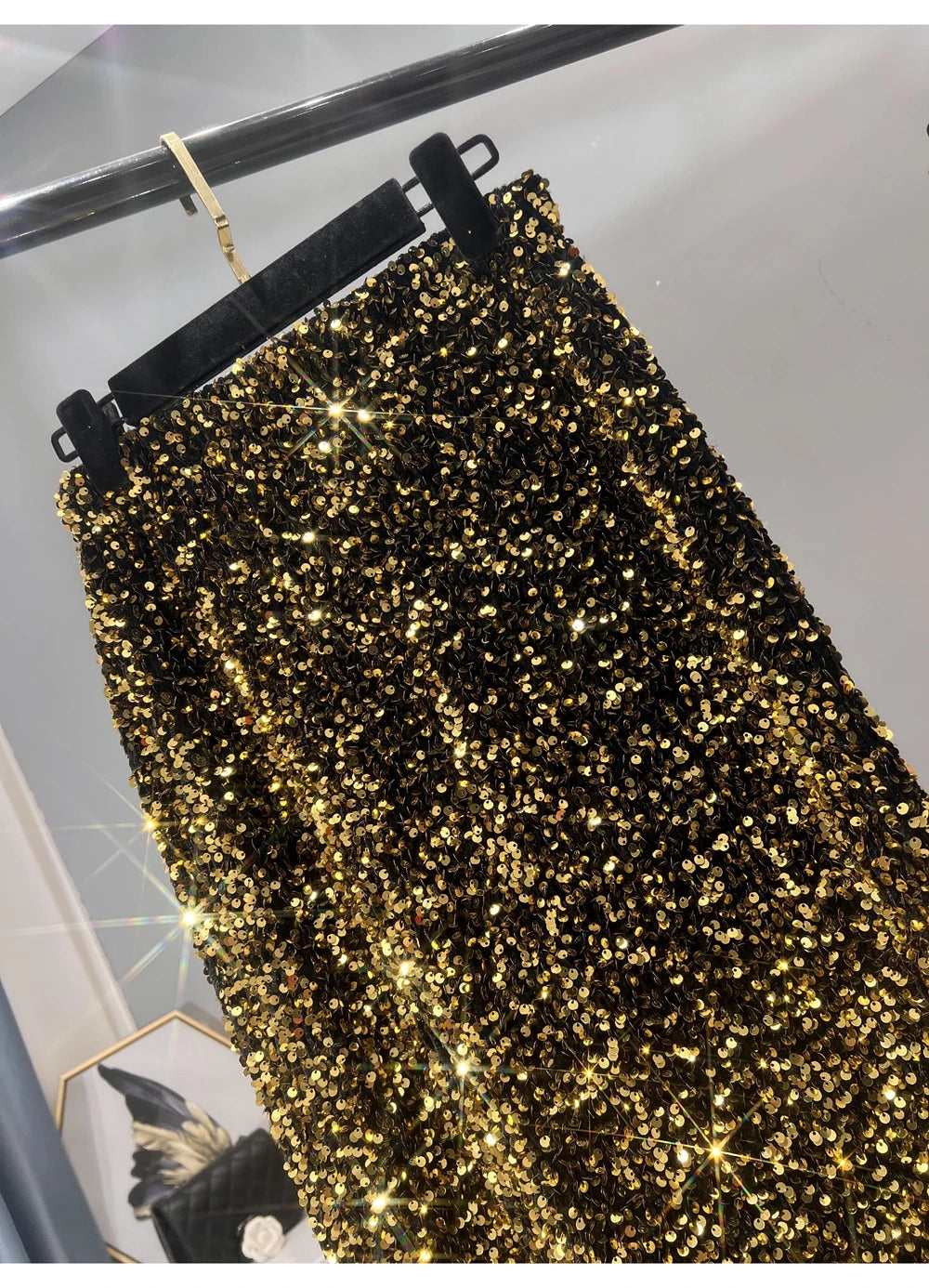 Pre Order:  Sequined Mid-Length Slit Skirt