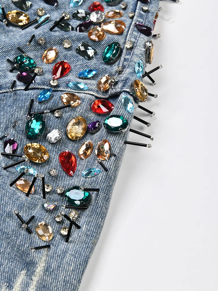 Pre Order:  Rhinestones Embellished Distressed Denim Jacket