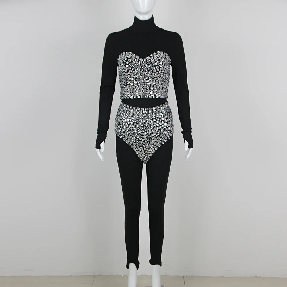 Pre Order:  Three-Piece High Waist Diamond Studded Bandage Jumpsuit Set