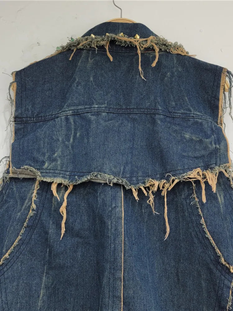 Vintage Flower Sequin Diamond Loose Denim Vest