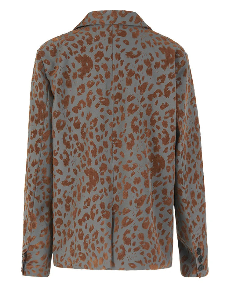 Leopard Printed V-Neck Loose-Fit Blazer Jacket