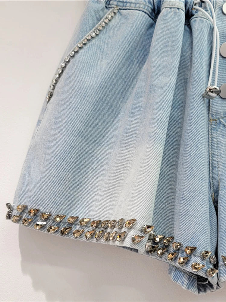 Pre Order:  Diamond Studded High Waist Wide Leg Denim Shorts