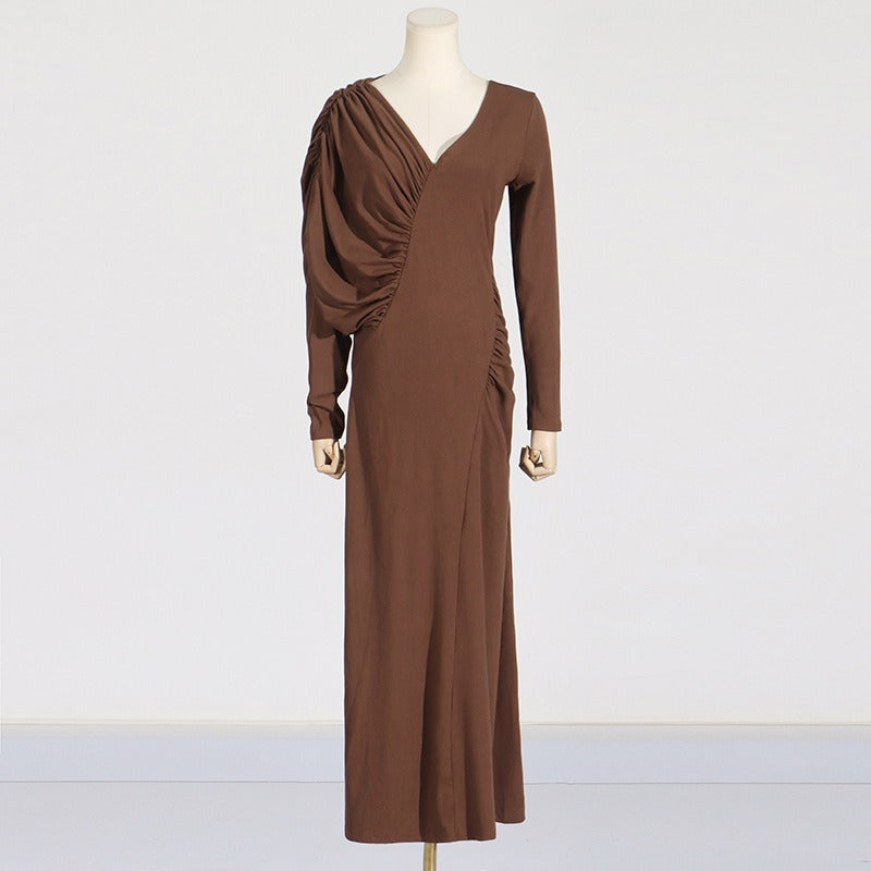 Pre Order: Asymmetric Slim Fit V-Neck Pleated Maxi Dress