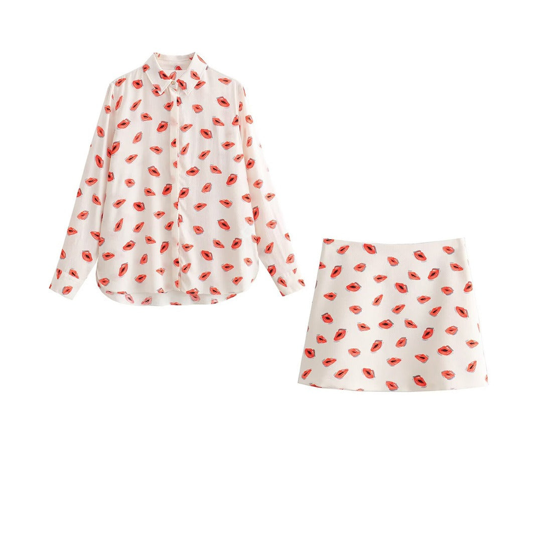 Pre Order:  Casual Lips Print Long Sleeve Shirt + Mini Skirt