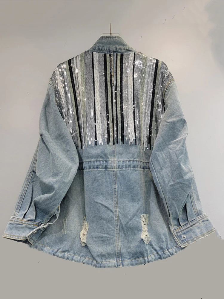 Pre Order:  Striped Sequins Long Sleeve Loose Denim Jacket