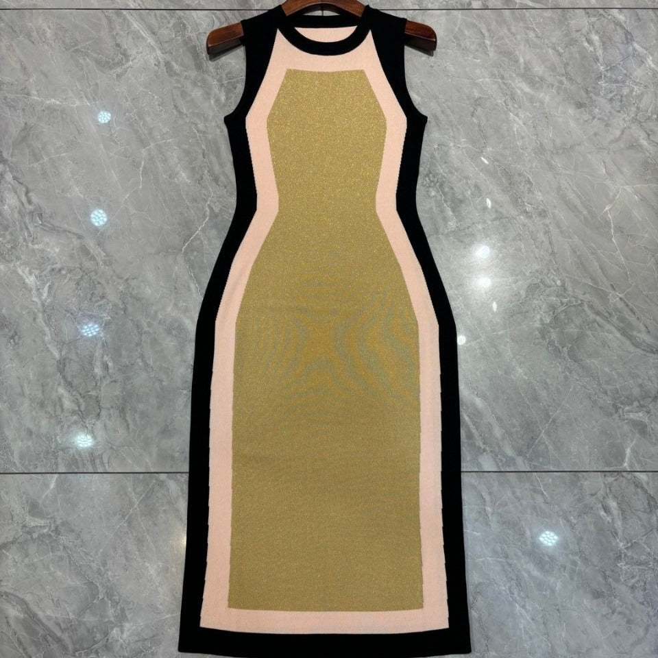 Pre Order:  Color Block Sleeveless Graphic Knitted Dress