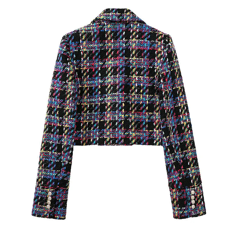 Pre Order:  Casual Plaid Long Sleeve Double Breasted Cropped Blazer