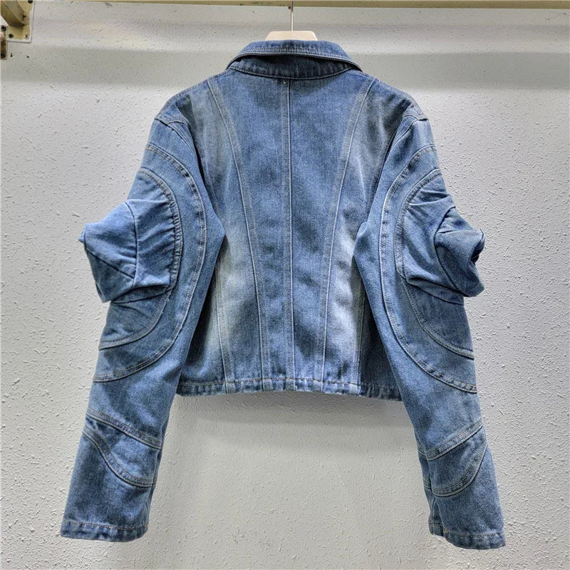 Pre Order:  Casual Puff Sleeve Zip Denim Jacket