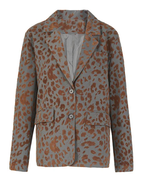 Leopard Printed V-Neck Loose-Fit Blazer Jacket