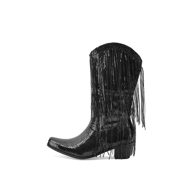 Pre Order:  Curved Toe Sequin Tassel Mid-Calf Cowboy Boots