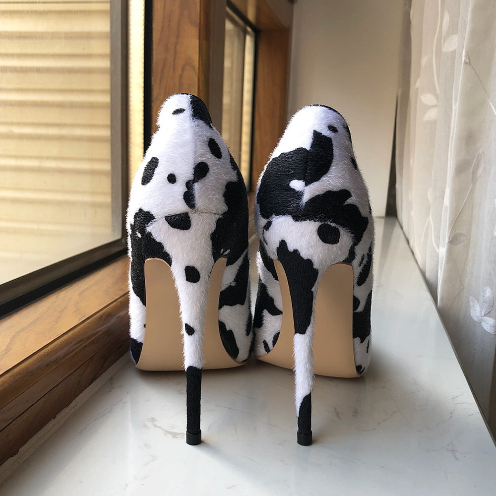 Pre Order:  White Flock Pointed-Toe Cow Printed Shoes