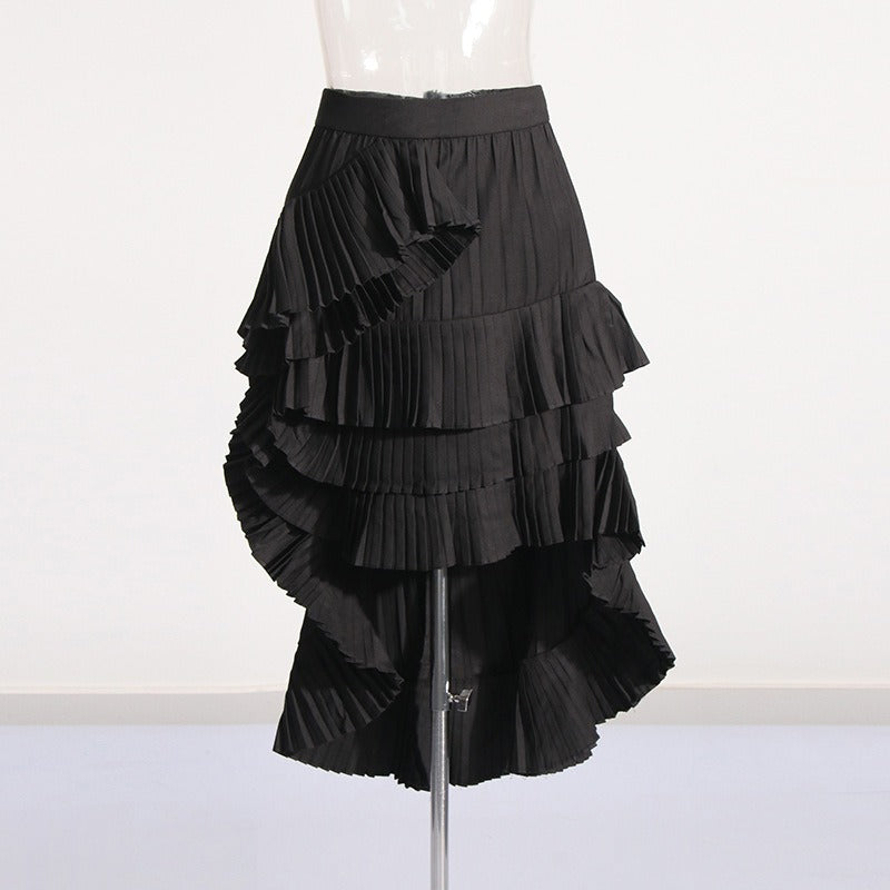 Pre Order:  Solid Pleated Ruffled Edge High Waist Skirt