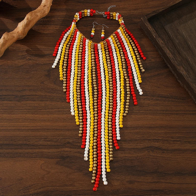 Pre Order:  Bohemian Wood Bead Multi-Layer Tassel Necklace + Earrings Set