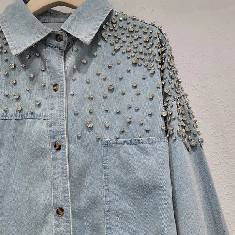 Diamond Studded Loose Denim Shirt