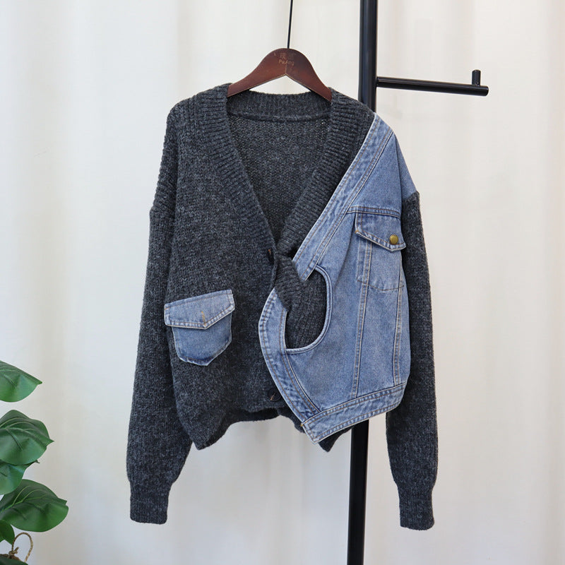 Pre Order:  Casual Patchwork Denim Knitted Cardigan