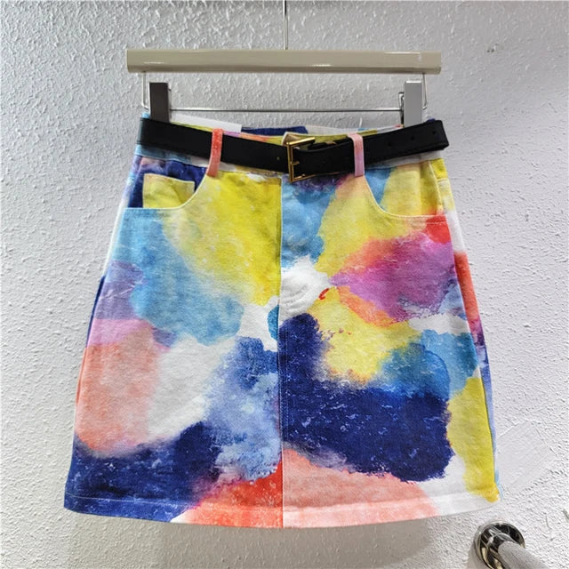 Pre Order: Tie Dye High Waist A-Line Denim Short Skirt