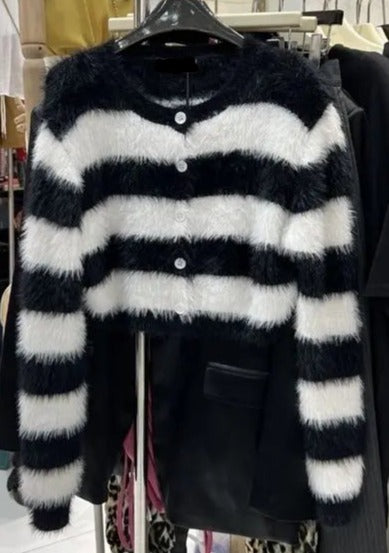 Pre Order:  Faux Fur Stripes Knit Cardigan